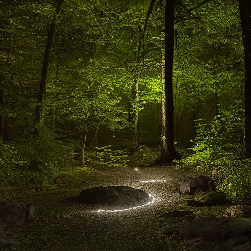 Image similar to shady forest at midnight, moonglow, moon rays, rocks, small creek, fireflies.