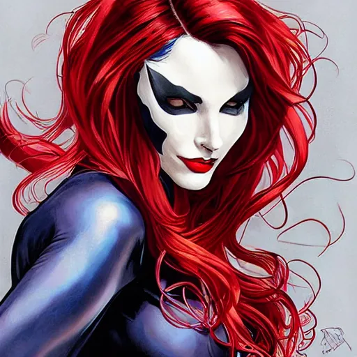 Prompt: catwoman in the style of spiderman, spiderman patterns, red and blue, long red wavy red hair by artgerm and greg rutkowski and alphonse mucha