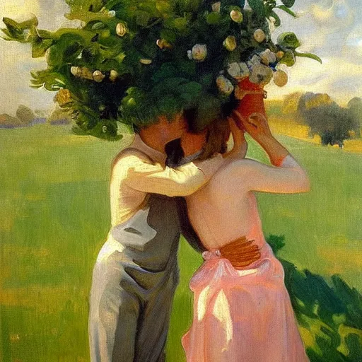 Image similar to a man and woman with tree heads watering each other, beautiful, john singer sargent style painting