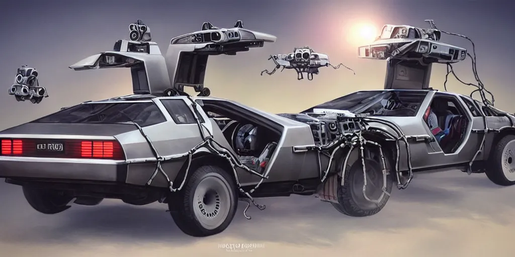 Image similar to robotic back to the future DeLorean with little robots attached to it flying around it big wheels matte painting artgerm