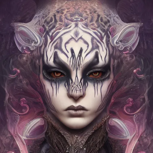 Image similar to tom bagshaw, soft painting fractal curiosities carnival, very beautiful female tigress mutation in full nightshade gothic armor, accurate features, focus, very intricate ultrafine details, black white purple volumetric clouds, award winning masterpiece, octane render 8 k hd