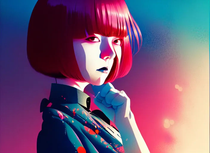 Image similar to editorial illustration by Karolis Strautniekas and Mads Berg, colorful, anime portrait vampire princess miyu, katsuhiro otomo, manga, Ilya kuvshinov,fine texture, realistic shading, fine details, matte colors, film noir, dramatic lighting, dynamic composition, moody, vivid, volumetric