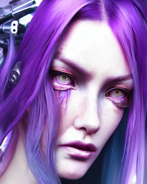 Prompt: portrait of a aesthetic beatiful woman with violet hair as a cyberpunk cyborg with tear drop on face, sci - fi, missing panels, intricate abstract upper body intricate artwork, by tooth wu, wlop, beeple, dan mumford. concept art, octane render, deviantart, greg rutkowski, cinematic, key art, hyperrealism, iridescent accents