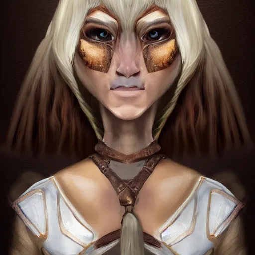 Prompt: fantasy portrait of an anthropomorphic cow woman warrior with brown and white hair, concept art