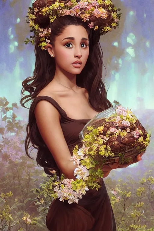 Image similar to beautiful cottagecore Ariana Grande holding a chocolate colored vase. intricate, elegant. the background is chocolate !. highly detailed, digital painting, artstation, concept art, smooth, sharp, focus, illustration. . art by artgerm and greg rutkowski and alphonse mucha