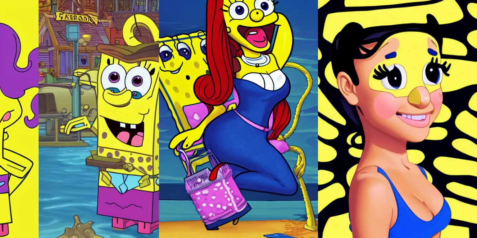 Prompt: Ariana Grande as Spongebob by Greg Hildebrandt