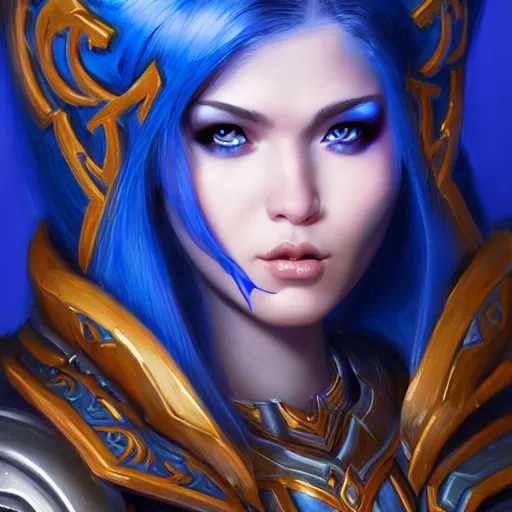 Image similar to a portrait of a very beautiful female mage in armor warcraft style armor, blue hair, bored, illustration, soft lighting, soft details, painting oil on canvas by mark arian by artgerm, trending on artstation, 4k, 8k, HD