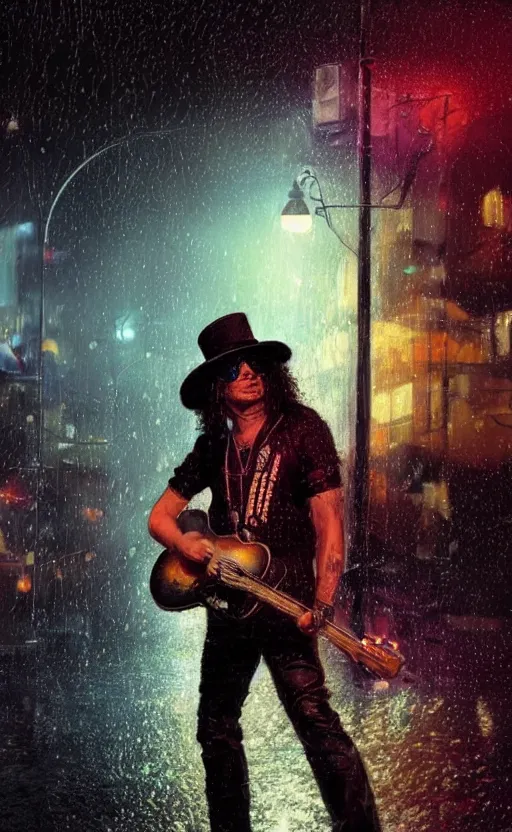 Image similar to a painting of slash playing the guitar, rainy night, lights, particles, depth of field, raindrops, crowd, lights, top hat by greg rutkowski, featured on artstation, epic composition, dramatic theme, cgsociety, deviantart, conceptartworld, screenshot from guitarhero cutscene