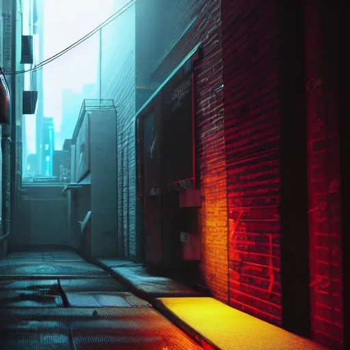 Prompt: A cyberpunk alleyway in a storm Neon lights, Volumetric Lighting, Octane Render, 8K, hyper realism