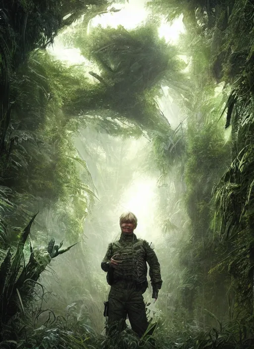 Image similar to portrait of a young richard dean anderson wearing a green combat uniform, in a post apocalyptic rio de janeiro overgrown with plants, by wlop, luis royo and greg rutkowski, cover illustration, concept art, volumetric lighting, volumetric atmosphere, sharp focus, octane render, trending on artstation, 8 k