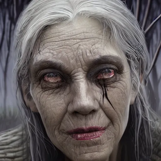 Image similar to fantasy portrait of an energetic old woman with silky, cloudy grey hair, black scars on her face, swamp vegetation in the background, nocturnal palette, dramatic lighting, cinematic, establishing shot, extremely high detail, photo realistic, cinematic lighting, post processed, concept art, artstation, matte painting, style by eddie mendoza, raphael lacoste, alex ross