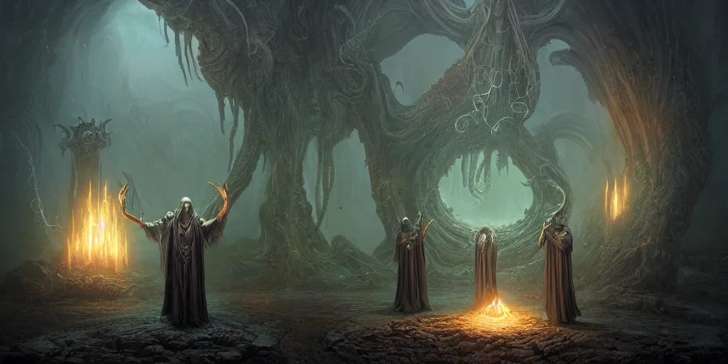 Image similar to ! dream 4 k photorealistic matte painting photography of circle group of necromancer priest in an invoking ritual in front of a viscosity cthulhu within a lovecraft portal, wide - angle portrait, atmospheric lighting, rich deep colors masterpiece, fractal crystals, fantasy portrait by tom bagshaw