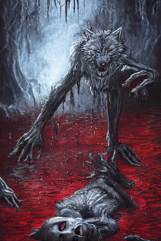 Image similar to wet werewolf oil painting, horror, lovecraftian horror, bloody, pools of blood, reflecting, set in the bloodborne videogame