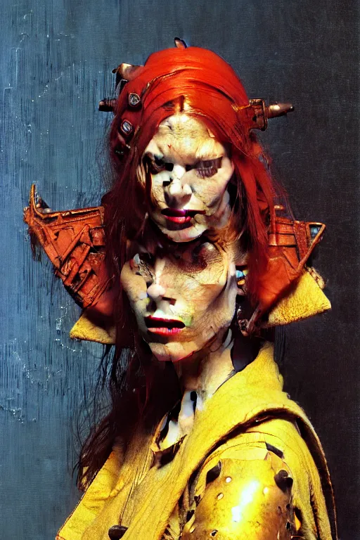 Image similar to full character portrait max mad cyberpunk warhammer 4 0 k, tech priest not the girl with the pearl earring character design, painting by gaston bussiere, katsuya terada, wyeth, craig mullins, hiroshi yoshida, ( ( ( ( ( vermeer ) ) ) ) ), frank frazetta, mucha, tom of finland, trending on artstation