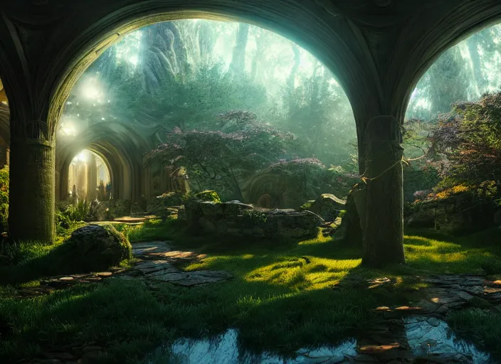 Image similar to inside a magical ethereal tolkienesque city, highly detailed, 8 k, hdr, award - winning, octane render, trending on artstation, volumetric lighting