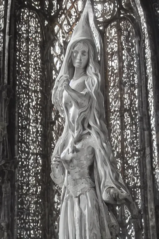 Prompt: a cinematic view of a ornated intricate gothic sacred statue of medieval maiden wizard made in light concrete, with few ornaments in shiny polished chrome, sculpted by hedi xandt and gaudi