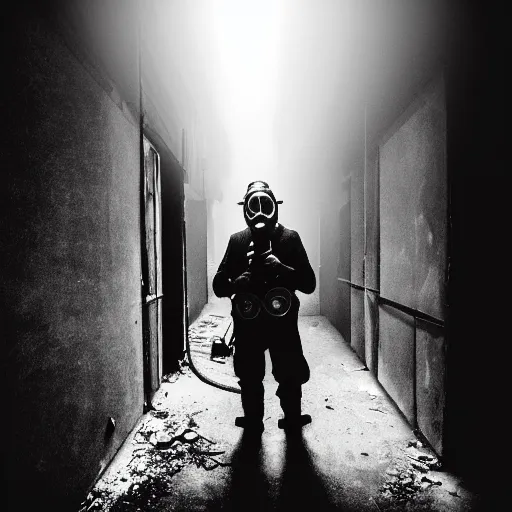 Image similar to A high quality photo of a mysterious man with a gas mask standing in the middle of a staircase alley looking in the direction of the camera :: outside, blue sky visible :: ruined city with vegetation and trees growing everywhere on the destroyed buildings :: forest :: apocalyptic, gloomy, desolate :: long shot, low angle, dramatic backlight, symmetrical, night, slightly colorful photography :: cinematic shot, highly detailed