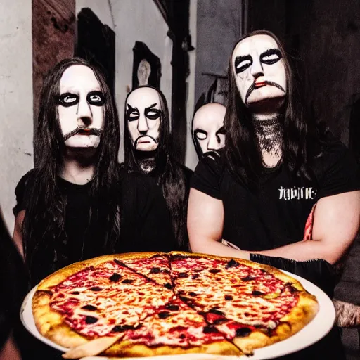 Image similar to a black metal band with makeup standing eating pizza in rome