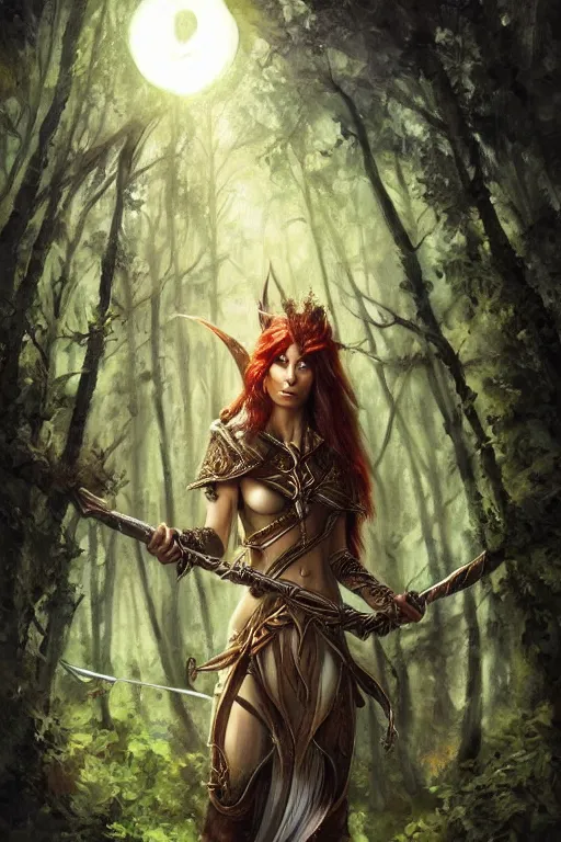 Image similar to Epic painting of a fierce female elven warrior blessed by the light of the forest