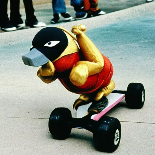 Prompt: a dodo wearing a ballcap and gold chain around its neck, on a hover board at a skate park at the beach, 1990s cartoon, teenage mutant ninja turtles