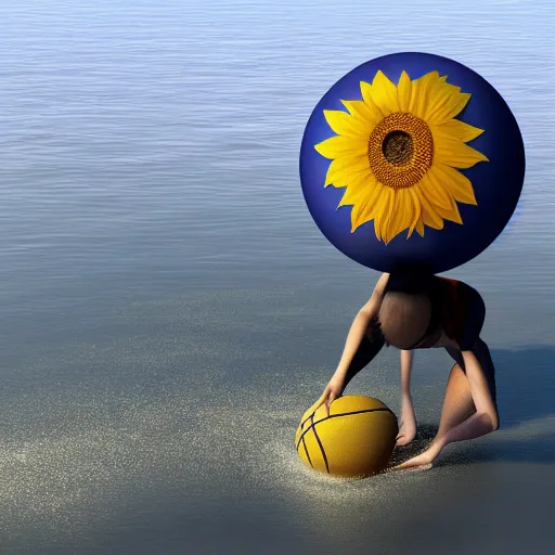 Prompt: sunflower-human hybrid bouncing a basketball on the surface of water, digital art, 8k, trending on artstation