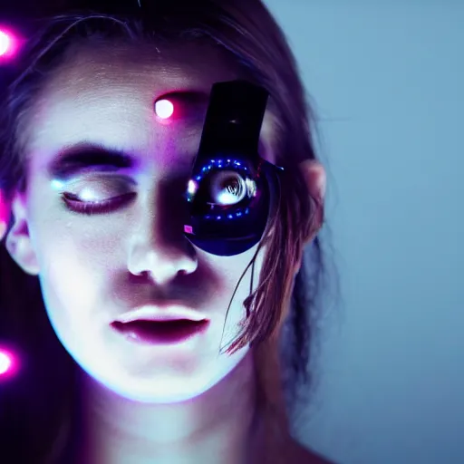 Image similar to photo of young woman, close up, with a cyberpunk camera over right eye with led lights, robotic implants over face, small led lights, white background, fine art photography in the style of Bill Henson