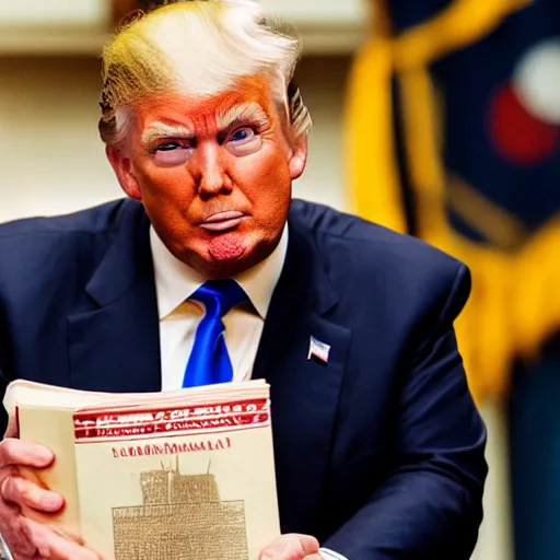 Prompt: A highly detailed photo of Donald Trump holding the communist manifesto