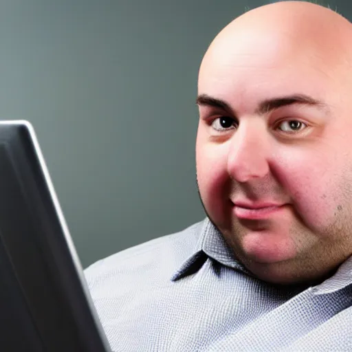 Prompt: fat ugly bald man using a computer