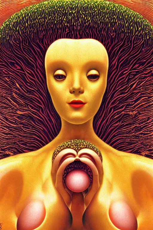 Image similar to art deco close up portait of mushroom head with big mouth surrounded by spheres, rain like a dream digital render curvalinear clothing cinematic dramatic fluid lines otherworldly vaporwave interesting details epic composition by artgerm moebius francis bacon gustav klimt