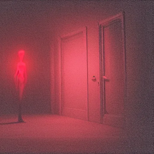 Image similar to cctv of an extremely dark empty room with glowing humanoid cryptid monster made out of static, dark deep black shadows, red and black color contrast in the style of trevor henderson and james ensor goya, liminal space, 3 d octane render, glitch effect