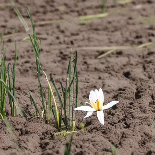 Image similar to a lone lily growing in a field of mud, realistic water colour