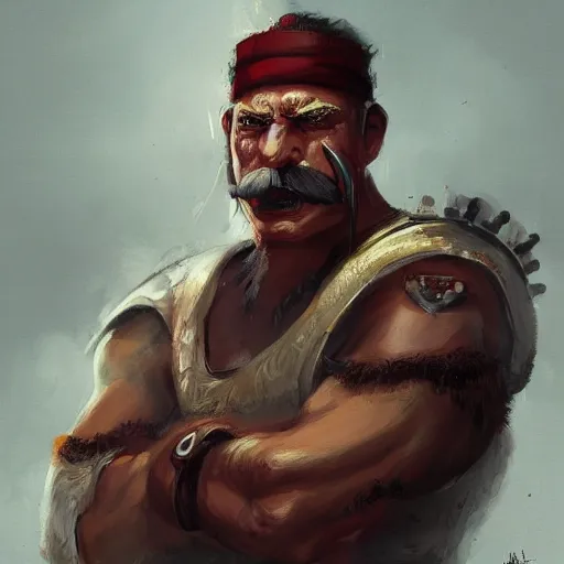 Image similar to portrait old chef barbarian warrior with trucker mustache and short hair, 8 k, trending on art station, by tooth wu and greg rutkowski