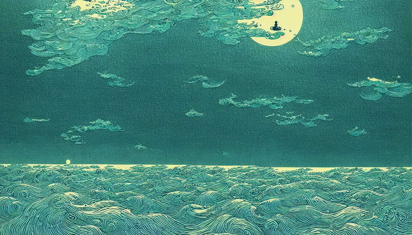 Prompt: ocean horizon by woodblock print, nicolas delort, moebius, victo ngai, josan gonzalez, kilian eng