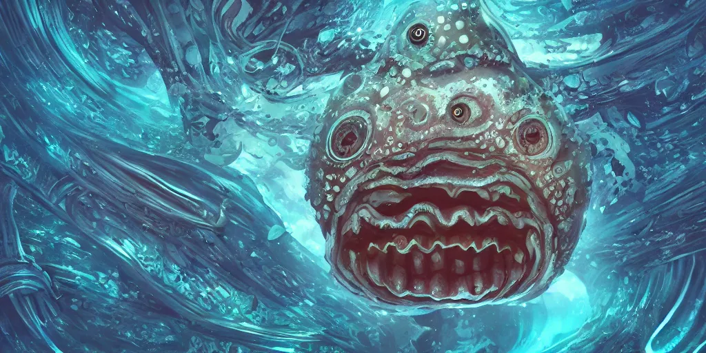 Image similar to of an intricate deep sea with strange cute friendly happy creatures with huge eyes, mouth, long tongue, round teeth and goofy face, appearing from the background, in the style of gehry and gaudi, macro lens, shallow depth of field, ultra detailed, digital painting, trending artstation, concept art, illustration, cinematic lighting, photorealism, epic, octane render