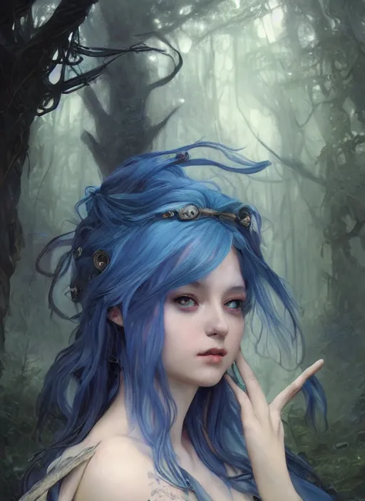 Prompt: stunningly beautiful female blue hair, femma stone face, antasy art, fae priestess, lush forest landscape, dark light night, sharp focus, digital painting, 8 k, concept art, art by wlop, artgerm, greg rutkowski and alphonse mucha