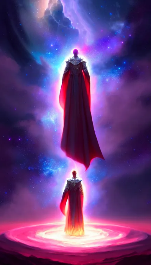 Prompt: celestial god with a cape, epic scene, colors, holy, full body, galaxy, and, stars, atmosphere, unreal engine, pixar, video game, ethereal, insanely, detailed, volumetric, symmetrical, concept art, charlie bowater, unreal engine, artstation, cinematic, video game, digital painting, artist maena