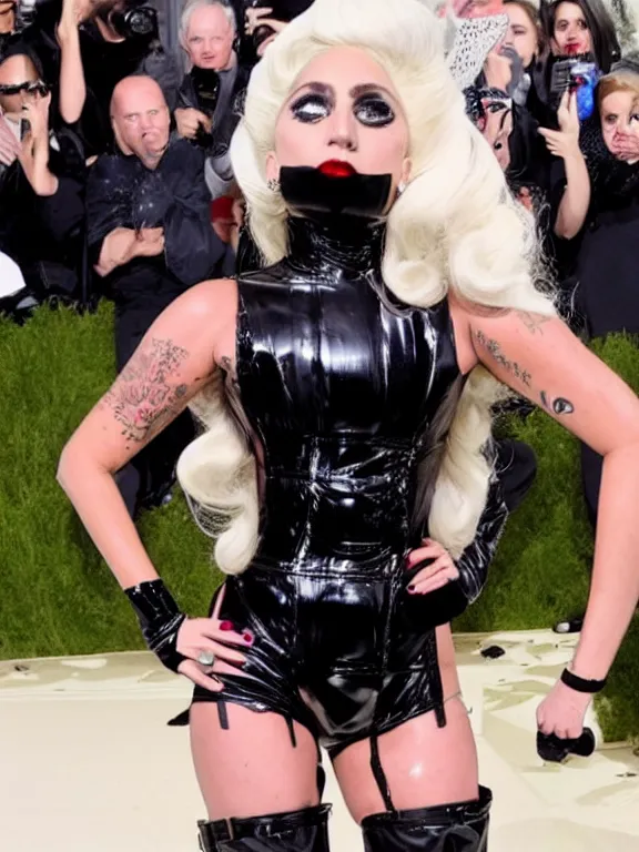 Image similar to Lady Gaga wearing latex crazy outfit Met Gala photoshoot