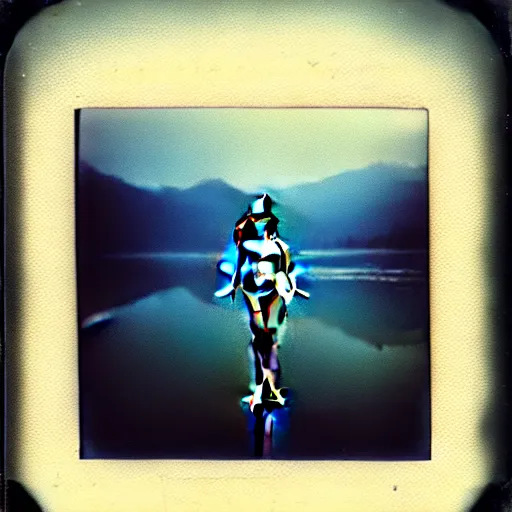 Image similar to semi translucent frog in Jesus Christ pose hovering over misty lake, polaroid photography by Andrei Tarkovsky, spiritual, mystical, mellow