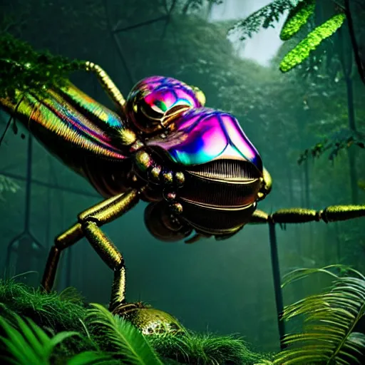 Image similar to giant iridescent bug creature is lush jungle, raning, foggy, moody, :: by Jeff Koons, Dan McPharlin Daniel Merrian :: ornate, dynamic, particulate, rich colors, intricate, elegant, highly detailed, centered, artstation, smooth, sharp focus, octane render, 3d