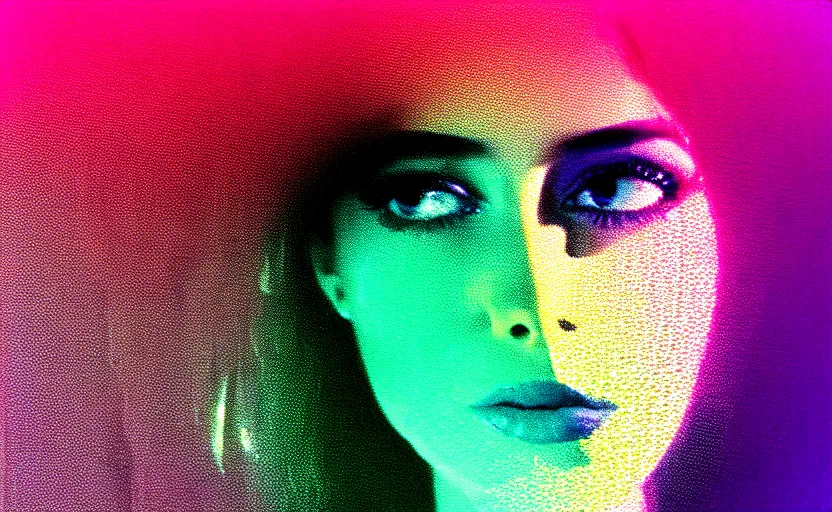 Prompt: vhs glitch art portrat of a striking woman hidden underneath a sheet, foggy environment, static colorful noise glitch olumetric light, by bekinski, unsettling moody vibe, vcr tape, 1 9 8 0 s analog video, vaporwave aesthetic, directed by david lynch, colorful static, datamosh, pixel stretching