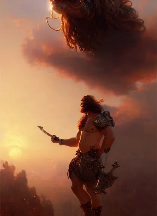 Image similar to portrait painting of a male barbarian, soft hair steampunk ornate zeppelin in the sky sunset golden hour art by greg rutkowski gaston bussiere fantasy soft hair trending on artstation deviantart book cover art concept art key art dramatic volumetric lighting, 4 k, award winning