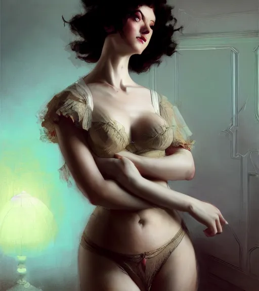 Prompt: hygge bedroom, rgb, thin, model, short black curly hair, round face, laced lingerie, amazing composition & dynamic posing, by franz xavier leyendecker, wlop! muted colors, highly detailed, fantasy art by craig mullins, thomas kinkade cfg _ scale 9