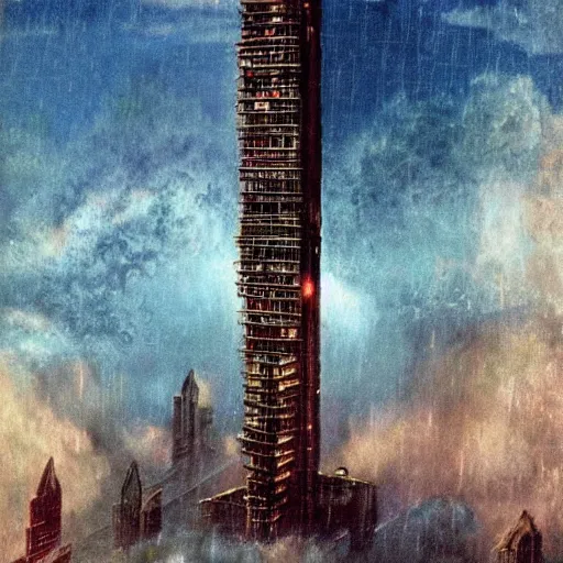 Prompt: Skyscraper in a thunderstorm, film noir, Miyazaki Nausicaa Ghibli, epic composition,
