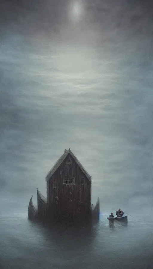 Image similar to man on boat crossing a body of water in hell with creatures in the water, sea of souls, by lee madgwick