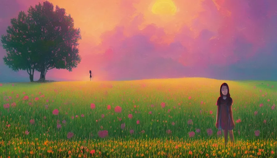 Prompt: girl with a flower face, surreal, dream, standing in flower field, hills, big trees, sunrise dramatic light, impressionist painting, colorful clouds, digital painting, pointillism, artstation, simon stalenhag