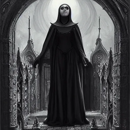 Image similar to By Tom Bagshaw, ultra realist soft painting of a gothic crypt by night, Gothic armored female nun and dressed, horror, omnious sky, symmetry accurate features, very intricate details, black and white, volumetric light clouds