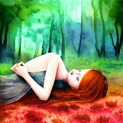 Image similar to “album cover very beautiful watercolor painting of redhead girl laying on a ground in a magic forest in a cyberpunk pixelsorting style”