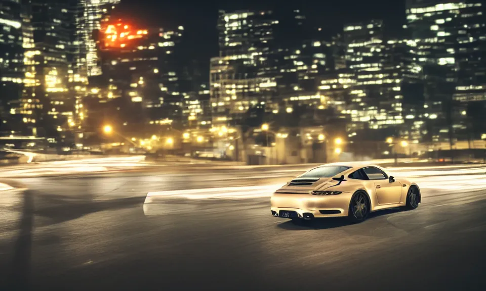 Prompt: photo of a porsche 911 at night driving fast through a city, cinematic, 4k, long exposure photography