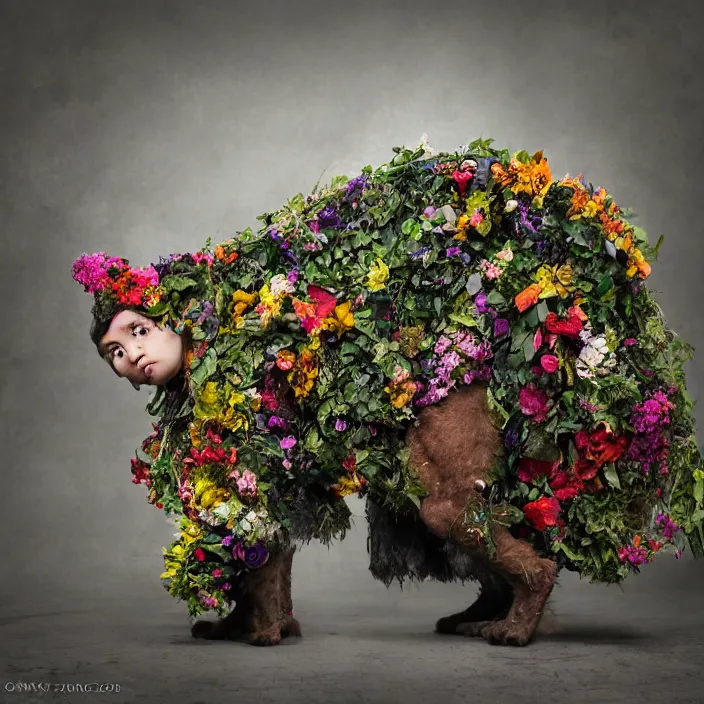 Prompt: a chimera wearing a cloak made of flowers, by Omar Z. Robles, CANON Eos C300, ƒ1.8, 35mm, 8K, medium-format print