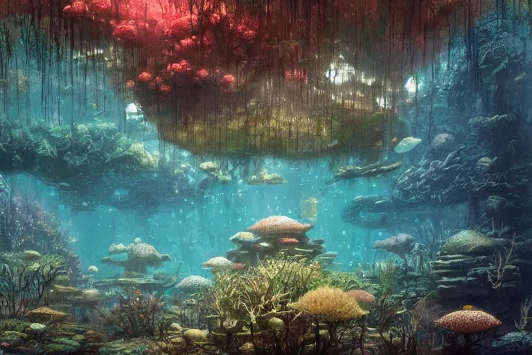 Prompt: Underwater forest ecosystem by Shaun Tan and Hiroshi Yoshida, trending on artstation